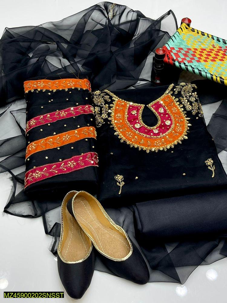 3 Pcs Women's Unstitched Fancy Organza Embroidered Suit