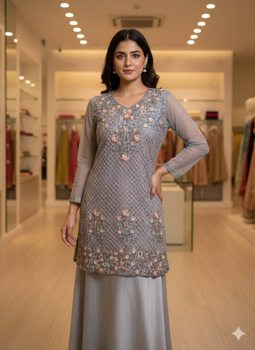 Starlight Grey Mesh Kurti with Peach Floral Embroidery and Intricate Lattice Work.