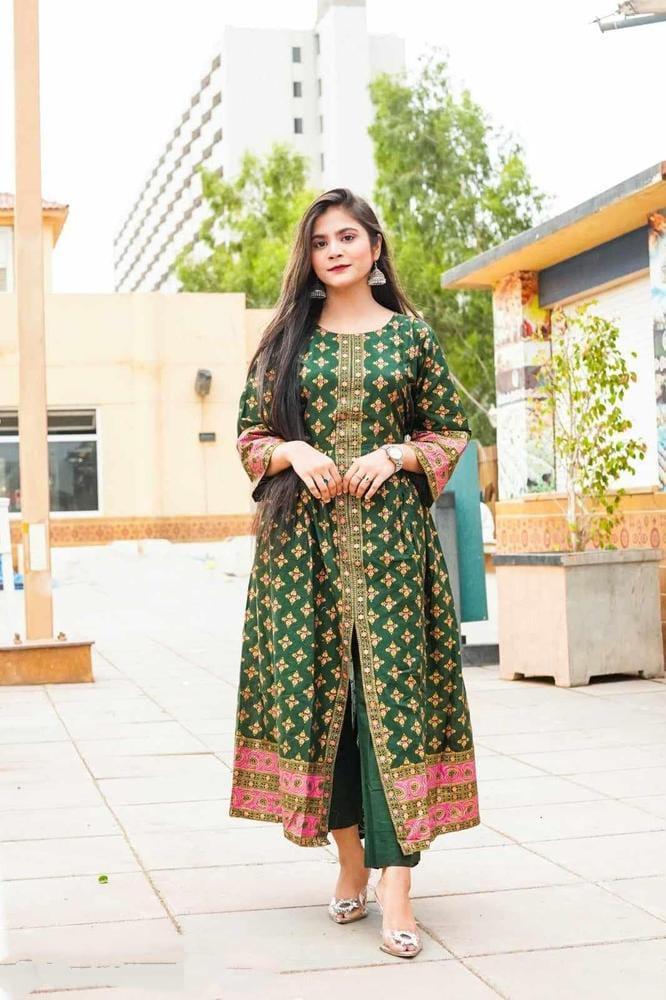 Stylish Green Printed Silk Frock and Trouser Set - 2 Pcs